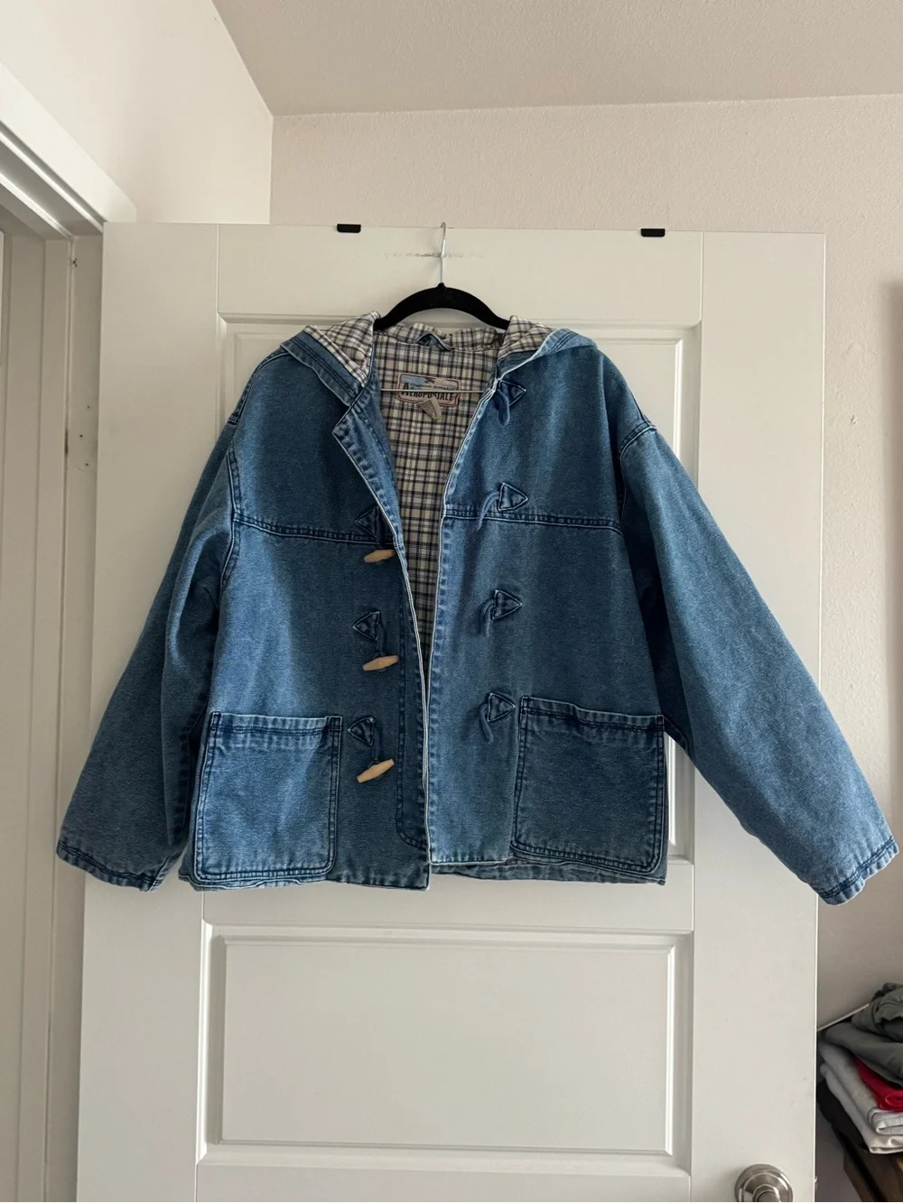 Aeropostale vintage Blue and White Plaid Lined Denim jacket - Picture 2 of 8